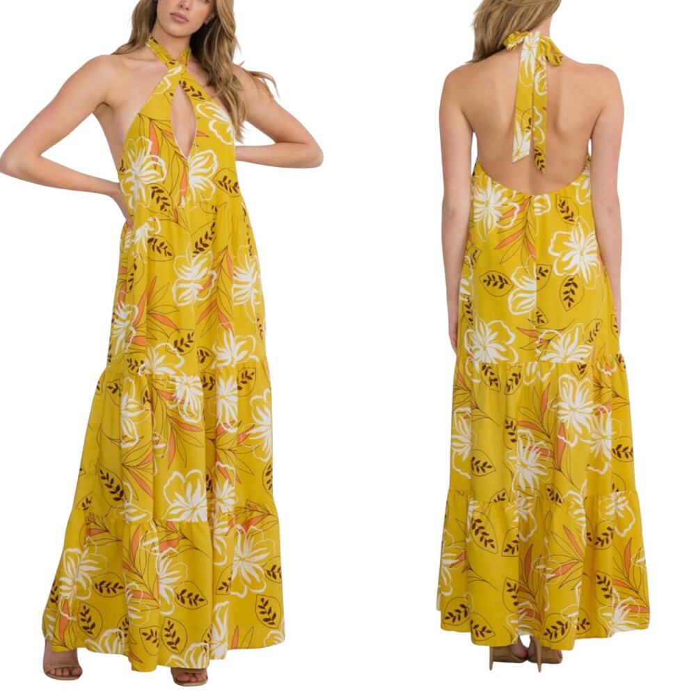 Ces Femme Mustard Floral Backless Halter Maxi Dress Ochre Boho Tiered Medium NWT